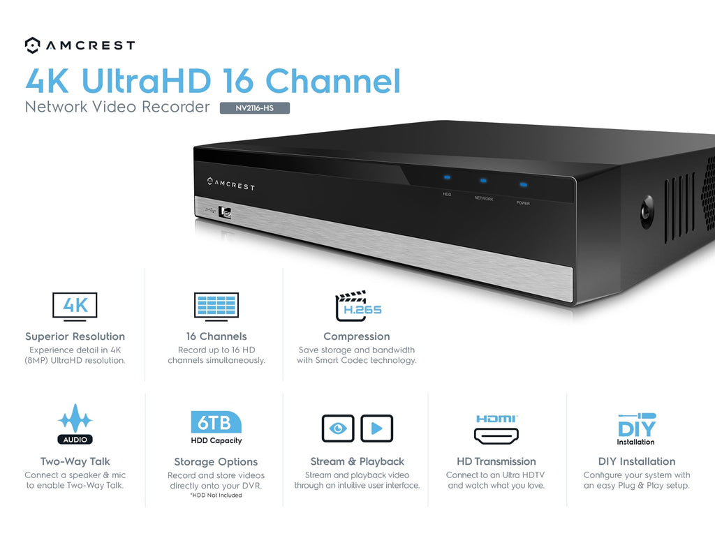 Amcrest NV2116-HS 4K 16-Channel NVR (4K/6MP/1080P/3MP/4MP/5MP/6MP) Network Video Recorder - 16-Channel, Supports up to 6TB Hard Drive (Not Included) (No Built-in WiFi)