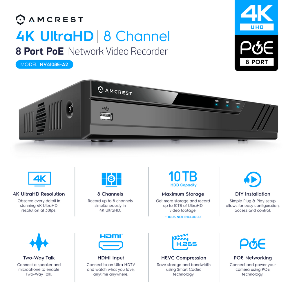 Amcrest 4K Security System 8CH PoE NVR 4 x 4K Turret POE Cameras 2TB