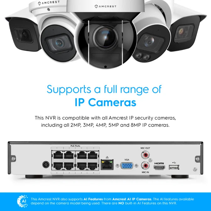 Amcrest 5MP Security Camera System, 4K 8CH PoE NVR, (4) x 5-Megapixel Night Color Bullet POE IP Cameras, Active Deterrent, Pre-Installed 2TB Hard Drive, NV4108E-B1276EB4-2TB (Black)