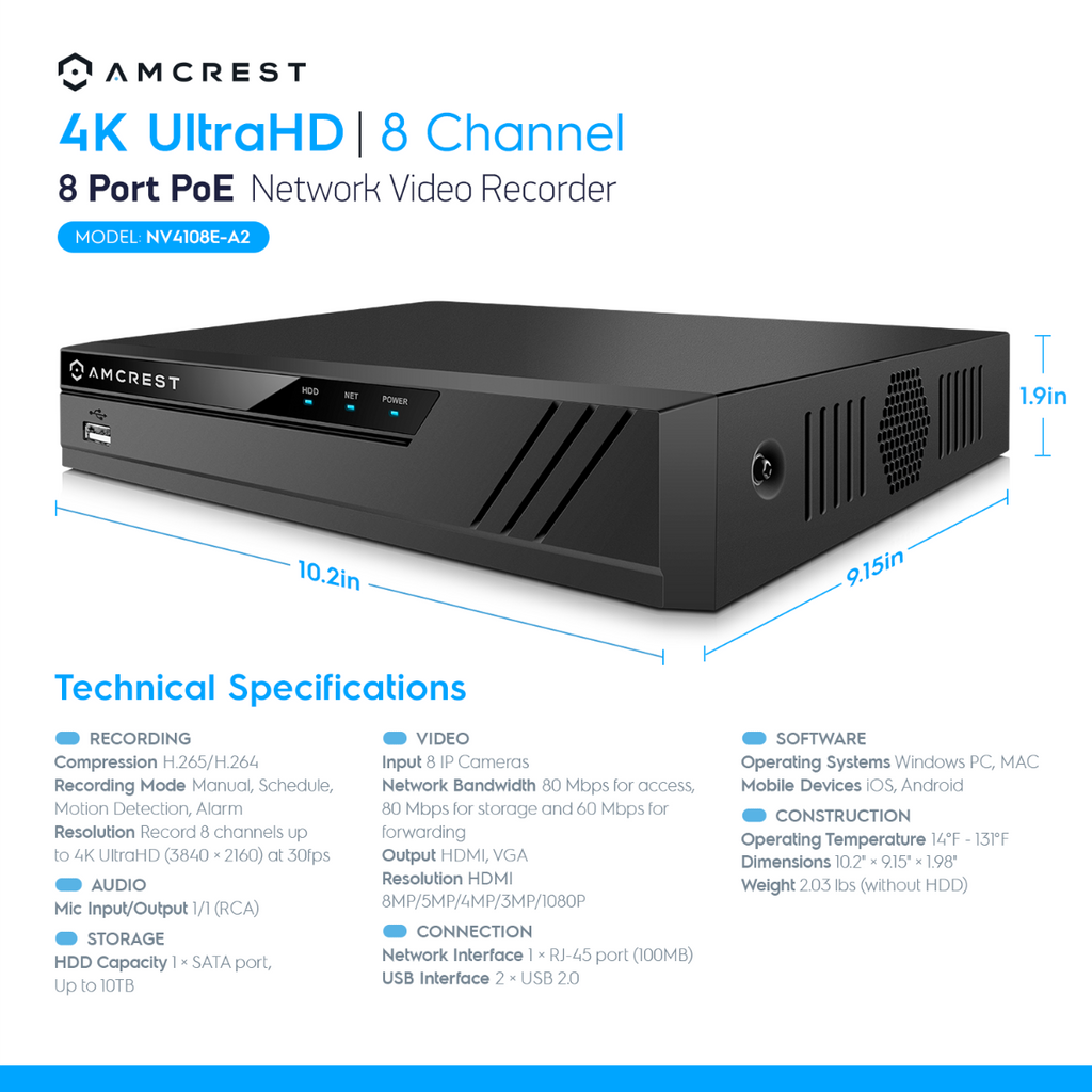 Amcrest 5MP Security System 8CH PoE NVR 4x 5MP Bullet PoE Cameras 2TB