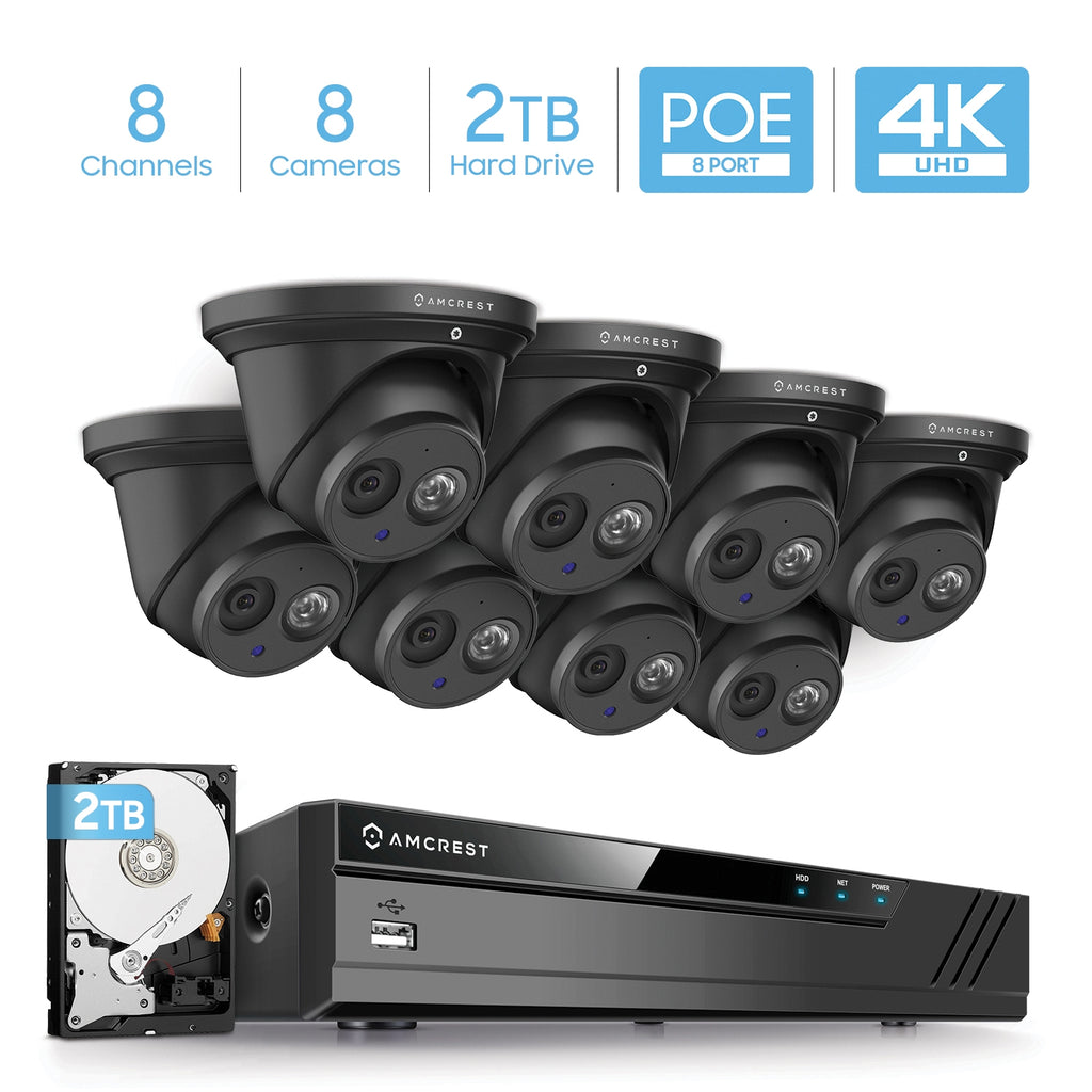 Amcrest 4K Security Camera System w/ 4K 8CH PoE NVR, (8) x 4K (8-Megapixel) IP67 Weatherproof Metal Turret Dome POE IP Cameras (3840x2160), Pre-Installed 2TB Hard Drive, NV4108E-IP8M-T2499EB8-2TB (Black)