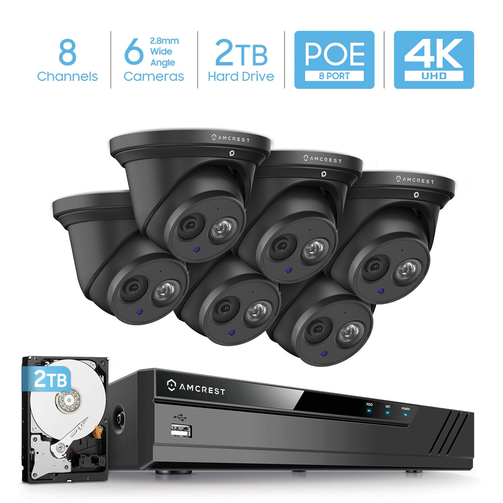 Amcrest 4K Security Camera System w/ 4K 8CH PoE NVR, (6) x 4K (8-Megapixel) IP67 Weatherproof Metal Turret Dome POE IP Cameras (3840x2160), 2.8mm Lens, Pre-Installed 2TB HDD, NV4108E-T2499EB28M6-2TB (Black)