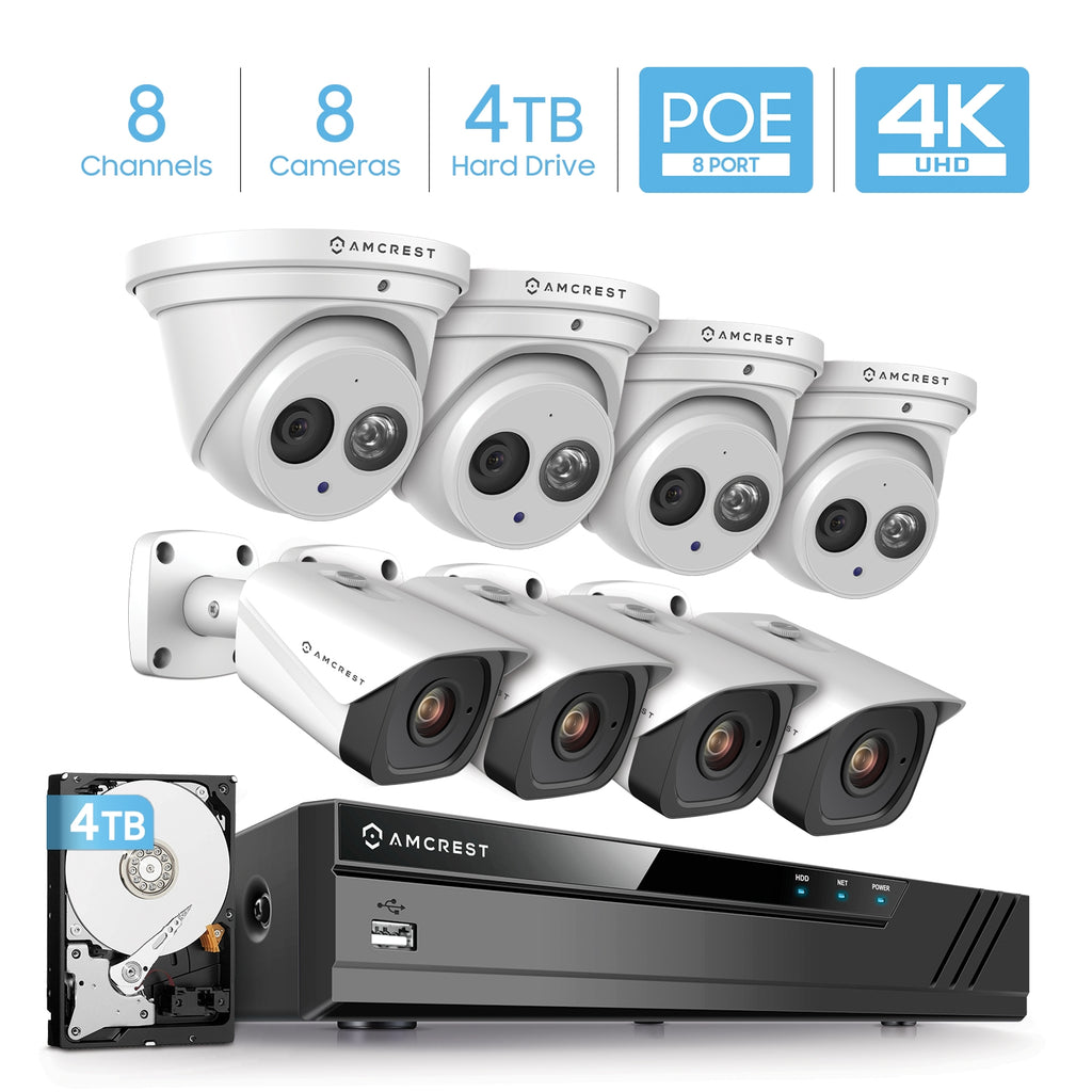 Amcrest 4K Security Camera System w/ 4K 8CH PoE NVR, (8) x 4K (8-Megapixel) IP67 Weatherproof Metal Turret Dome & Bullet POE IP Cameras, Pre-Installed 4TB HDD, NV4108E-T2499EW4-2496EW4-4TB (White)