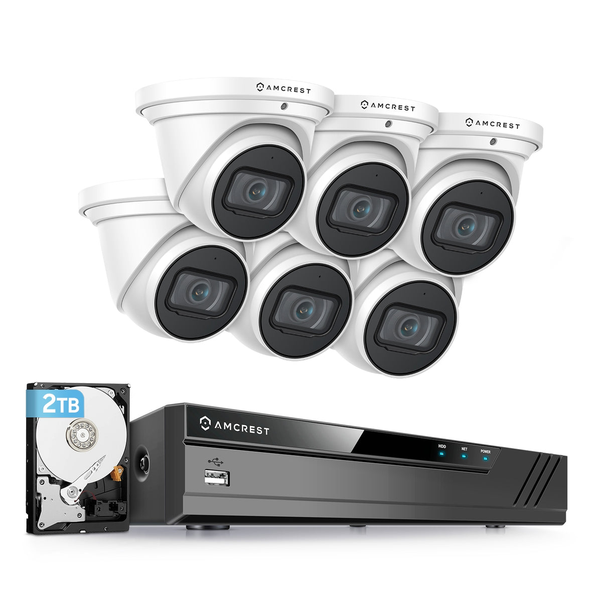 Amcrest 4K Security Camera System with 4K 8CH PoE NVR, 6 x 4K (8-Megapixel) IP67 Weatherproof Metal Turret Dome POE IP Cameras (3840x2160), 2.8mm Wide Angle Lens, NV4108E-T2599EW6-2TB (White)