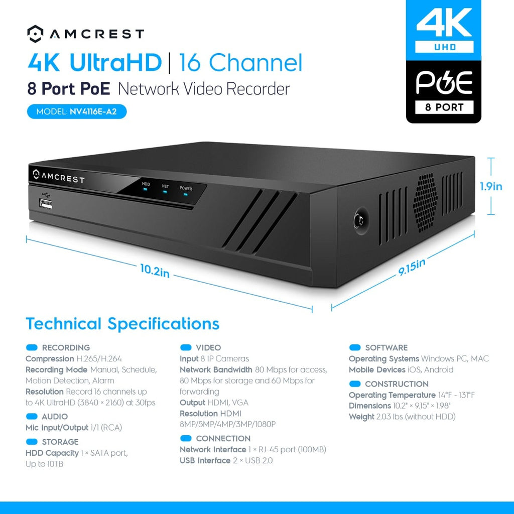 Amcrest 4K 16-Channel 8-Port PoE NVR HDD Not Included NV4116E-A2