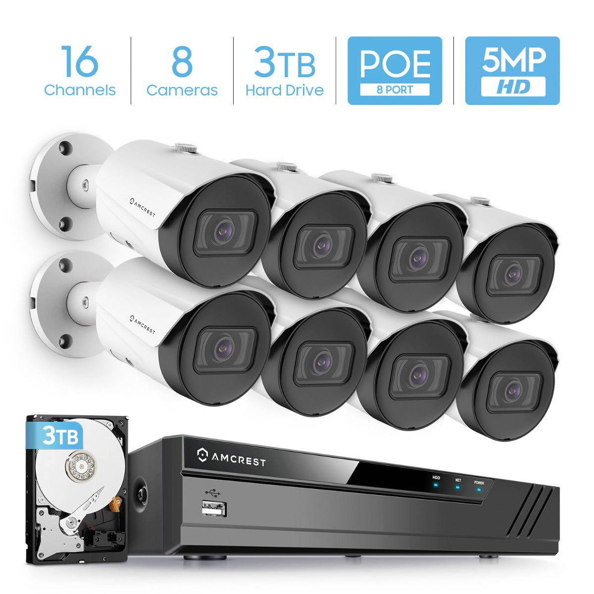 Amcrest 5MP System 4K 16CH 8-Port PoE NVR 8x 5MP PoE Cam 3TB HDD