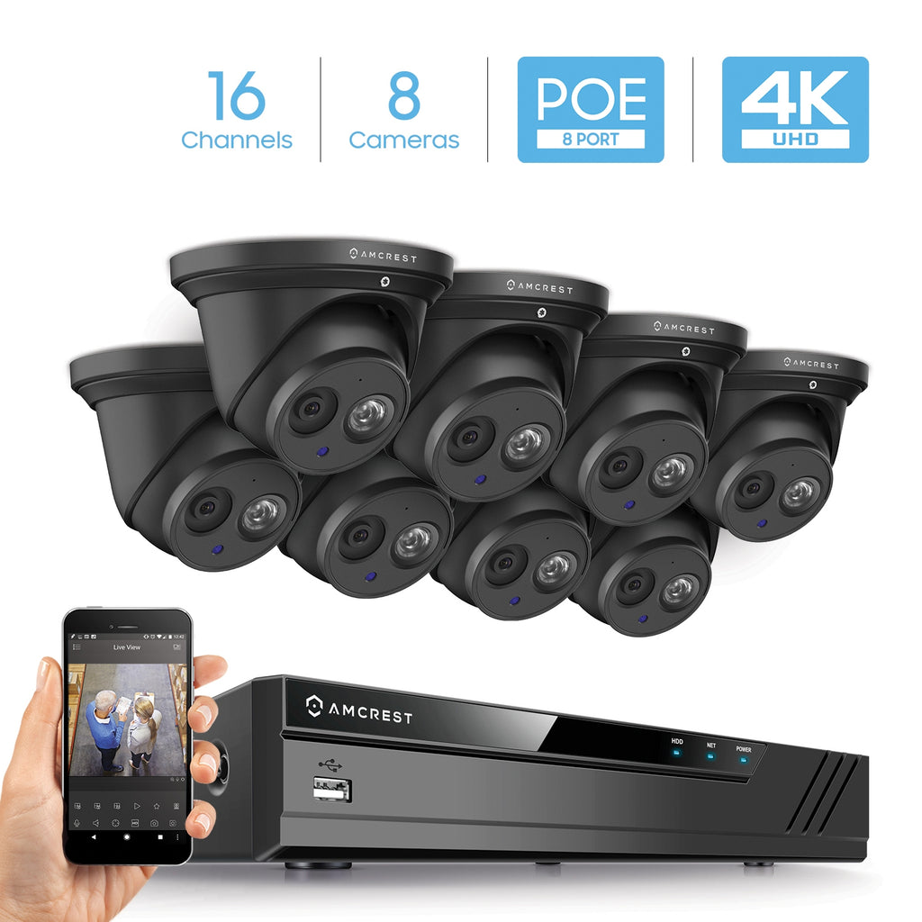 Amcrest 4K Security Camera System w/ 4K 16CH (8-Port PoE) NVR, (8) x 4K (8-Megapixel) IP67 Weatherproof Metal Turret Dome POE IP Cameras, 2.8mm Lens, NV4116E-IP8M-T2499EB8 (Black)