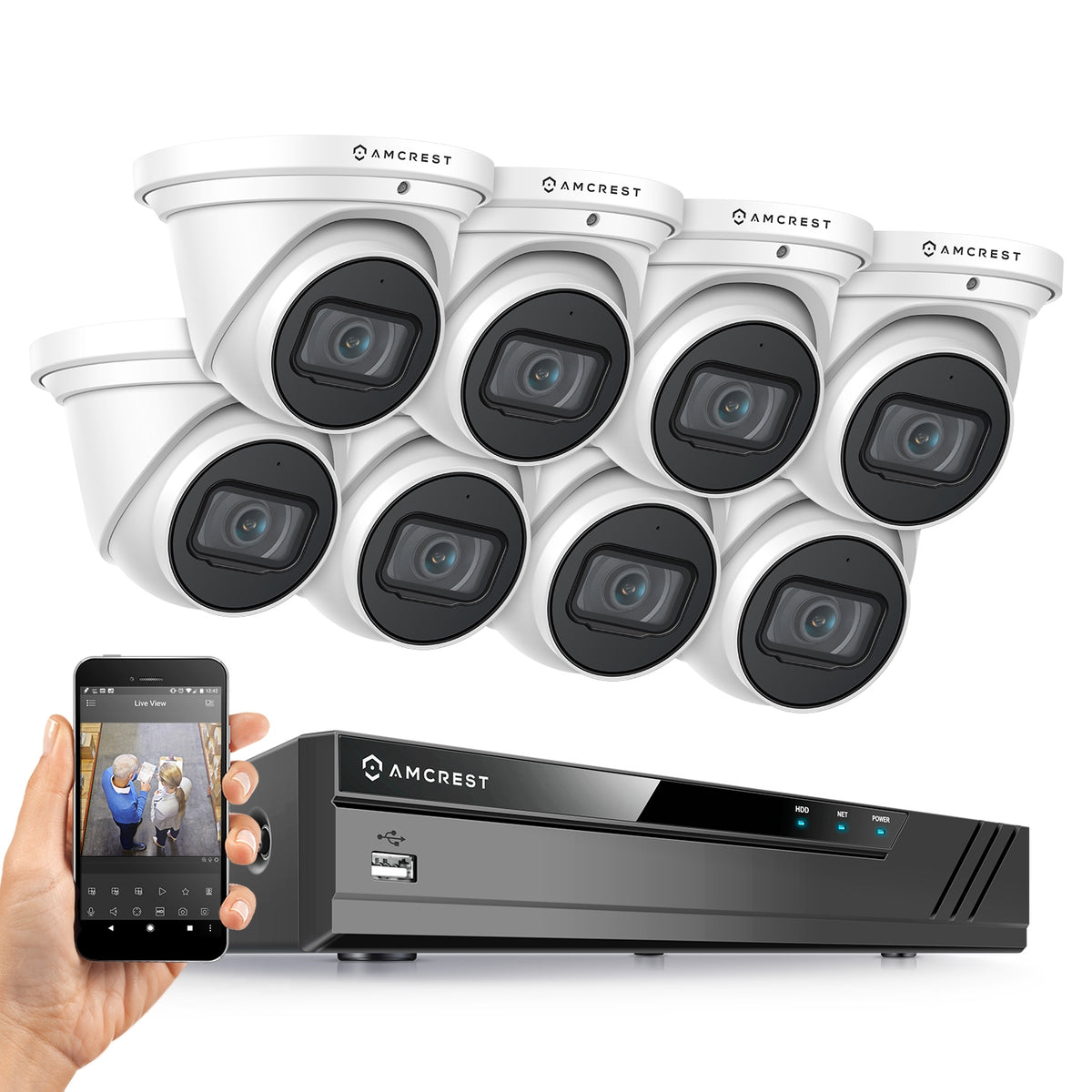 Amcrest 4K Security Camera System w/ 4K 16CH (8-Port PoE) NVR, (8) x 4K (8-Megapixel) Metal Turret Dome POE IP Cameras (3840x2160), Hard Drive Not Included, NV4116E-IP8M-T2599EW8 (White)