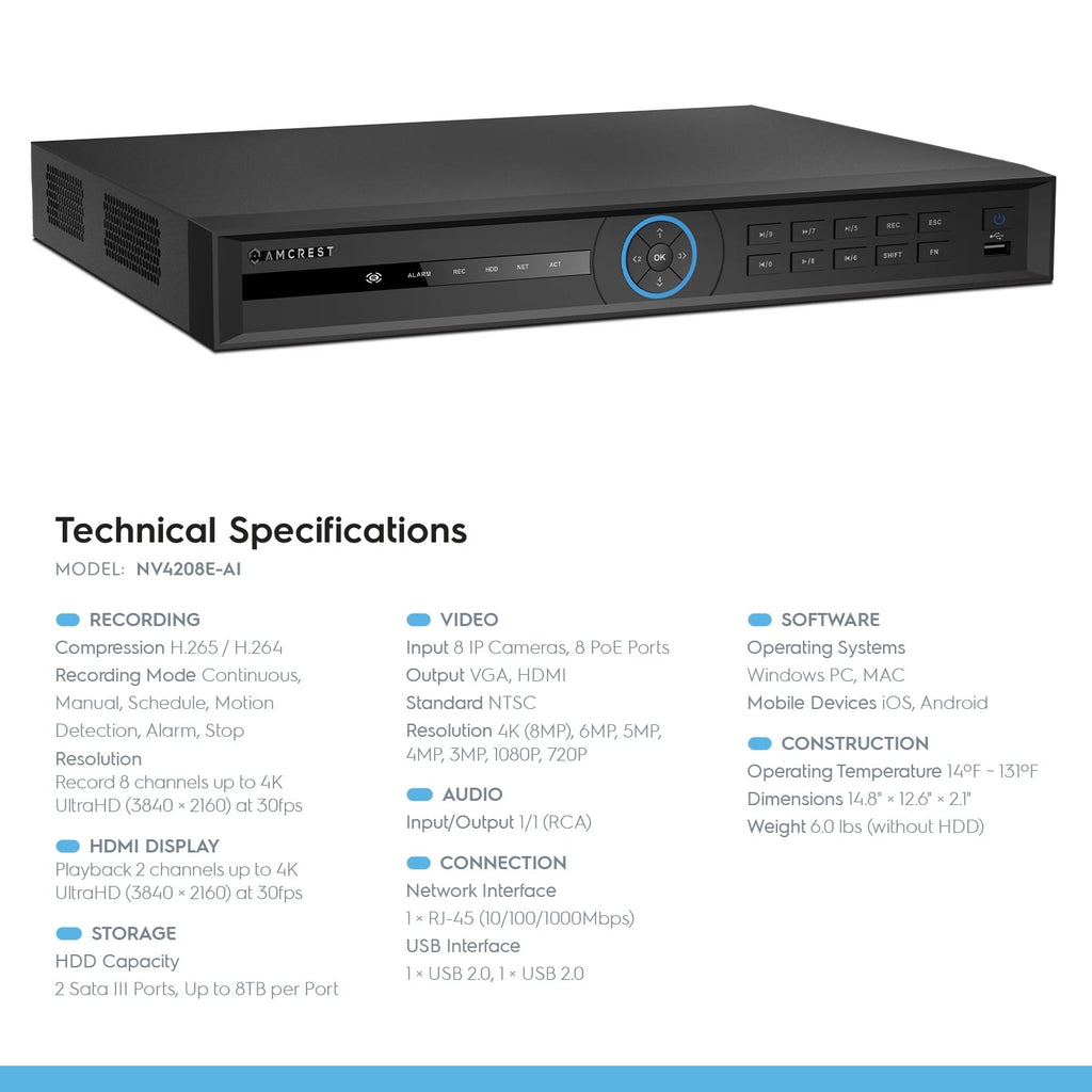 Amcrest 4K 8CH AI NVR Supports up to 2x 8TB HDD Smart NVR NV4208E-AI