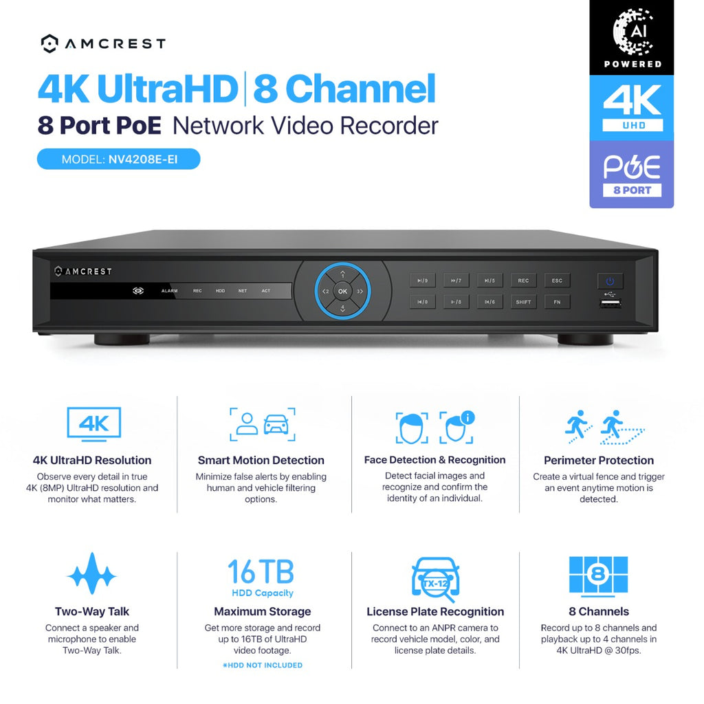 Amcrest 4K 8CH AI NVR Supports up to 2x 16TB HDD Smart NVR NV4208E-EI