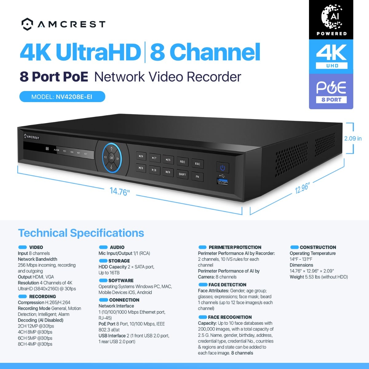 Amcrest 4K 8CH AI NVR Supports up to 2x 16TB HDD Smart NVR NV4208E-EI