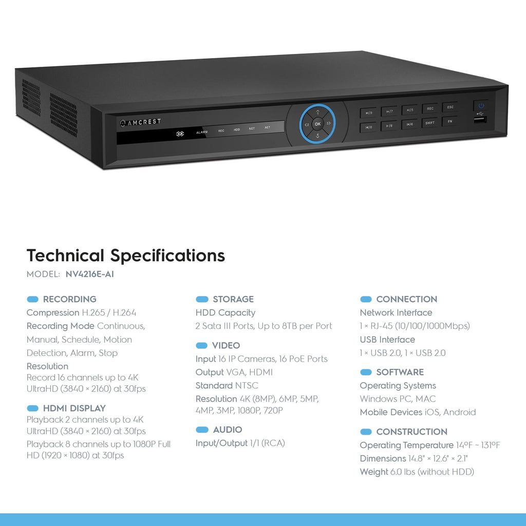 Amcrest 4K NV4216E-AI 16CH AI NVR, 16-Port PoE, Smart NVR, Facial Recognition, Facial Detection & Vehicle Detection - Supports 16 x 4K IP Cameras, Supports 2 x 8TB Hard Drives (Not Included)
