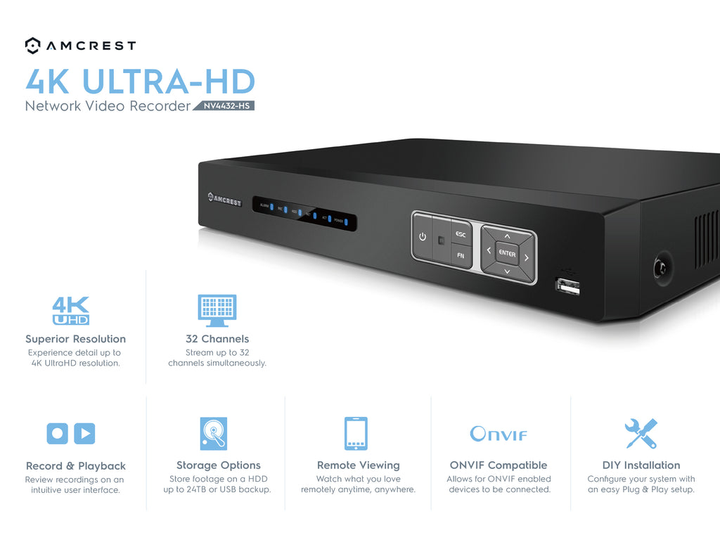 Amcrest NV4432-4TB 32 Channel Network Video Recorder - Supports 8-Megapixels @ 30fps Realtime, USB Backup, Pre-Installed 4TB Hard Drive (Supports up to 24TB Hard Drive) and More