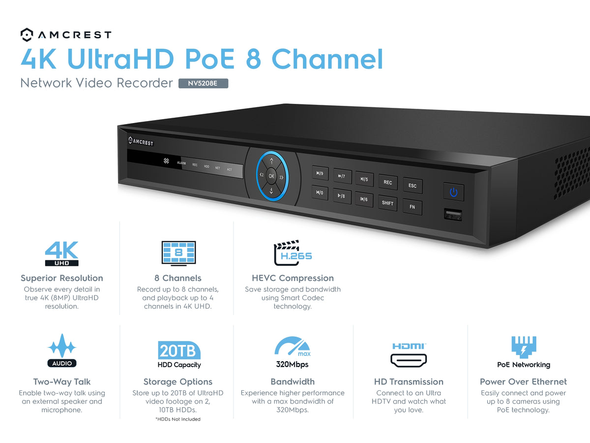 Amcrest 4K NV5208E-4TB (8CH 1080P/3MP/4MP/5MP/6MP/4K/12MP) Network Video Recorder (8-Port PoE) - Supports up to 8 x 4K IP Cameras, Pre-Installed 4TB Hard Drive, (Supports up to 2 x 10TB Hard Drives)