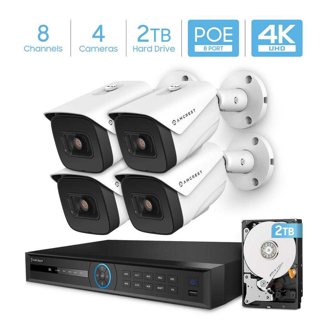 Amcrest 4K Security Camera System with 4K 8CH PoE NVR, 4 x 4K (8MP) IP67 Weatherproof Metal Bullet PoE IP Cameras, 2.8mm Wide Angle Lens, Pre-Installed 2TB Hard Drive,  NV5208E-IP8M-2696EW4-2TB (White)