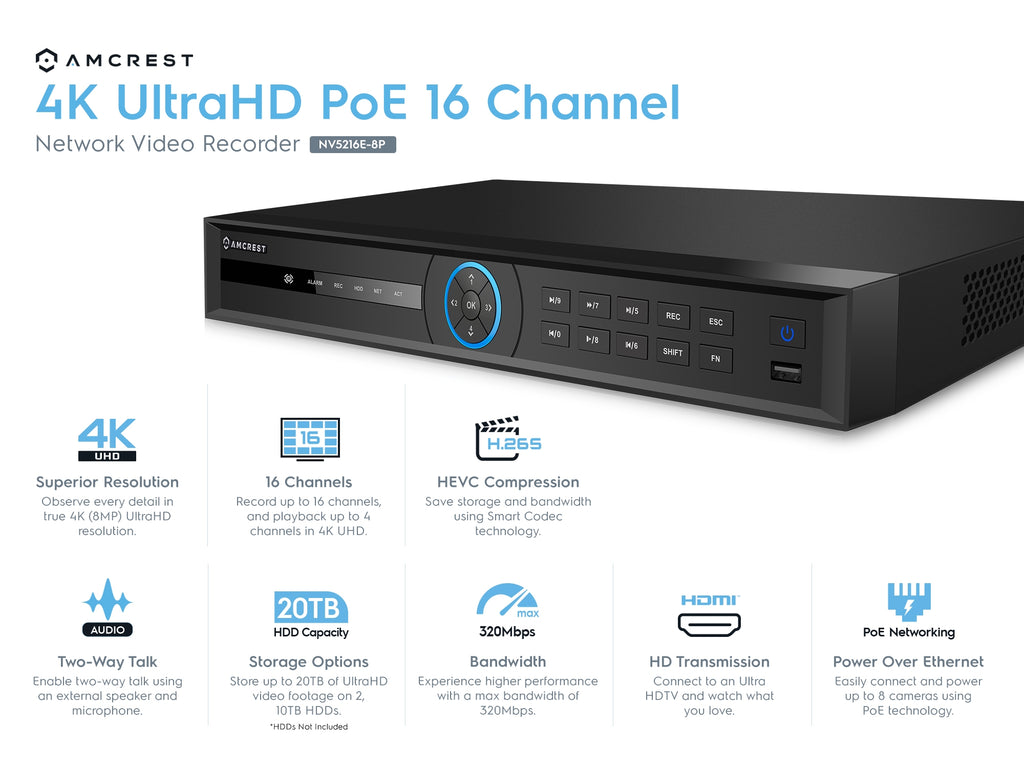 Amcrest 4K NV5216E-8P-4TB (16CH 1080P/3MP/4MP/5MP/6MP/4K/12MP) Network Video Recorder (8-Port PoE) - Supports up to 16 x 4K IP Cameras, Pre-Installed 4TB Hard Drive