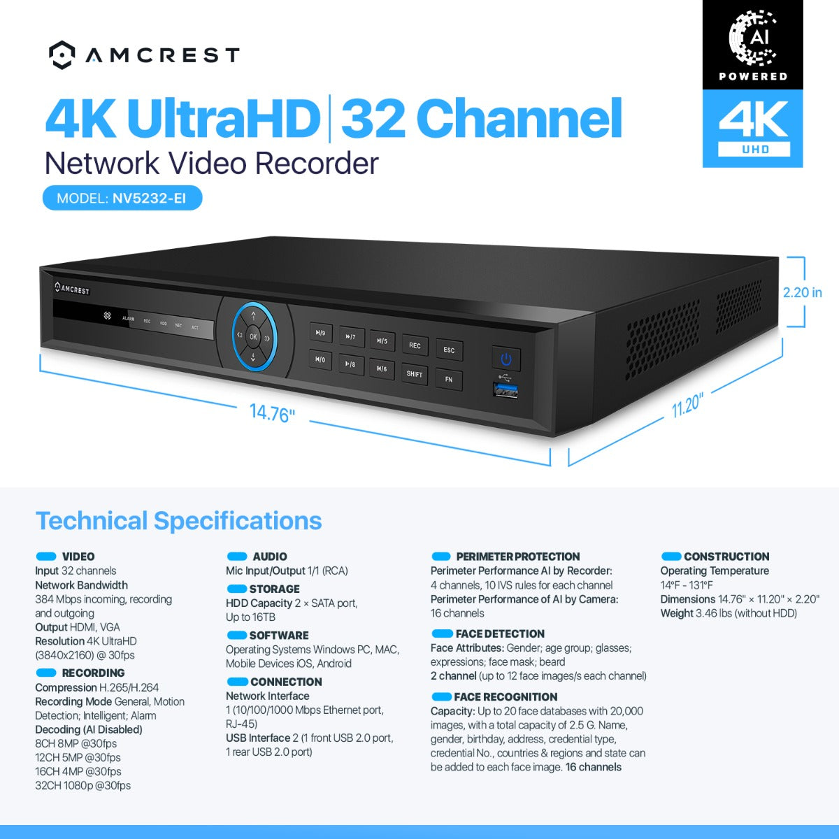 Amcrest 4K 32CH AI NVR, Facial Recognition, Face Detection, No PoE Ports,  Supports up to 16TB Hard Drive (HDD Not Included) NV5232-EI