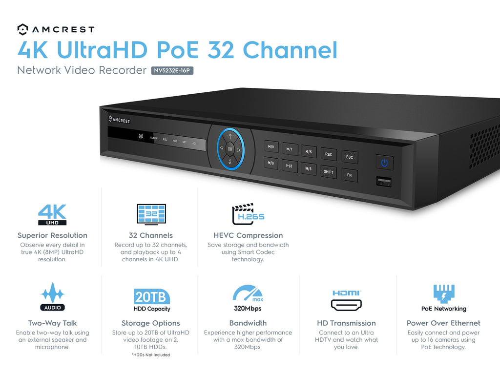 Amcrest 4K Security Camera System with 4K 32CH 16 PoE Port NVR, 16 x 4K (8-Megapixel) IP67 Weatherproof Metal Dome POE IP Cameras, 2.8mm Wide Angle Lens, Pre-Installed 6TB Hard Drive, NV5232E-IP8M-T2499EW16-6TB (White)