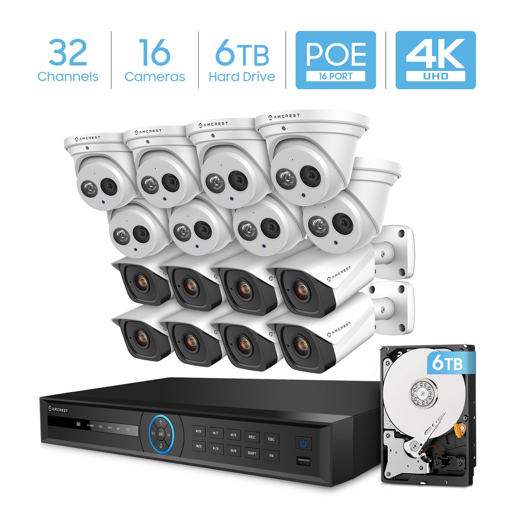 Amcrest 4K Security Camera System with 4K 32CH 16 PoE Port NVR, 16 x 4K (8-Megapixel) IP67 Weatherproof Metal Bullet & Dome POE IP Cameras, 2.8mm Wide Angle Lens, Pre-Installed 6TB Hard Drive, NV5232E-2496EW8-T2499EW8-6TB (White)