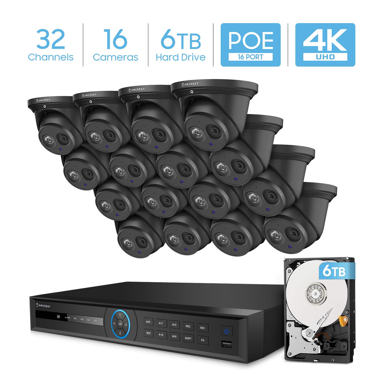 Amcrest 4K Security Camera System with 4K 32CH 16 PoE Port NVR, 16 x 4K (8-Megapixel) IP67 Weatherproof Metal Dome POE IP Cameras, 2.8mm Wide Angle Lens, Pre-Installed 6TB Hard Drive, NV5232E-IP8M-T2499EB16-6TB (Black)