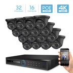 Amcrest 4K Security Camera System with 4K 32CH 16 PoE Port NVR, 16 x 4K (8-Megapixel) IP67 Weatherproof Metal Dome POE IP Cameras, 2.8mm Wide Angle Lens, Hard Drive Not Included, NV5232E-IP8M-T2499EB16 (Black)