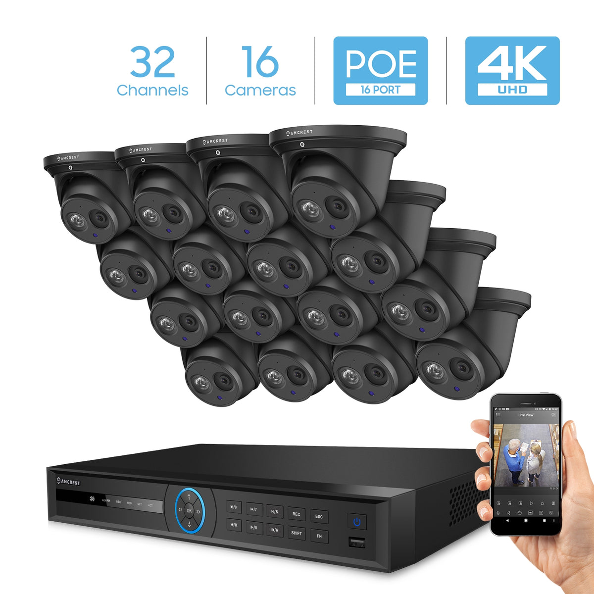 Amcrest 4K Security Camera System with 4K 32CH 16 PoE Port NVR, 16 x 4K (8-Megapixel) IP67 Weatherproof Metal Dome POE IP Cameras, 2.8mm Wide Angle Lens, Hard Drive Not Included, NV5232E-IP8M-T2499EB16 (Black)