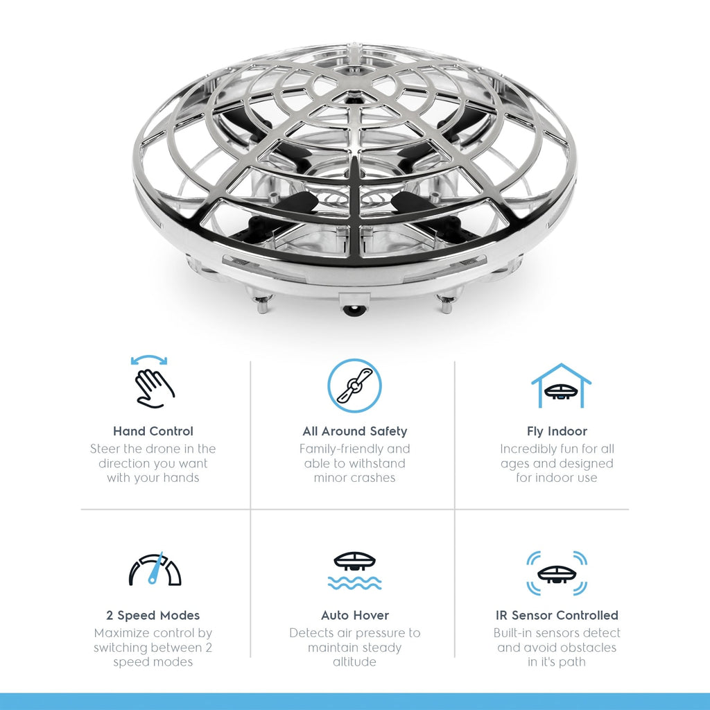 Amcrest Hand Controlled Drone for Kids, Mini Hand Operated Flying Ball Drone with 2 Speed Modes, 360° Rotating LED Lights, Interactive Infrared Induction, OB1-M Force (Metallic Silver)