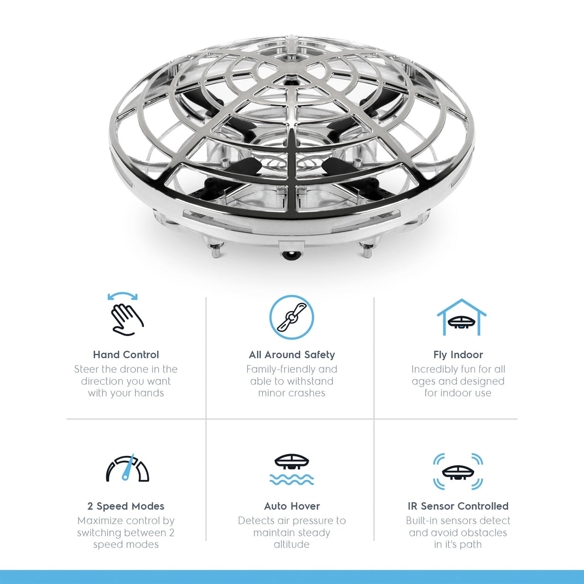 Amcrest Hand Controlled Drone for Kids, Mini Hand Operated Flying Ball Drone with 2 Speed Modes, 360° Rotating LED Lights, Interactive Infrared Induction, OB1-M Force (Metallic Silver)