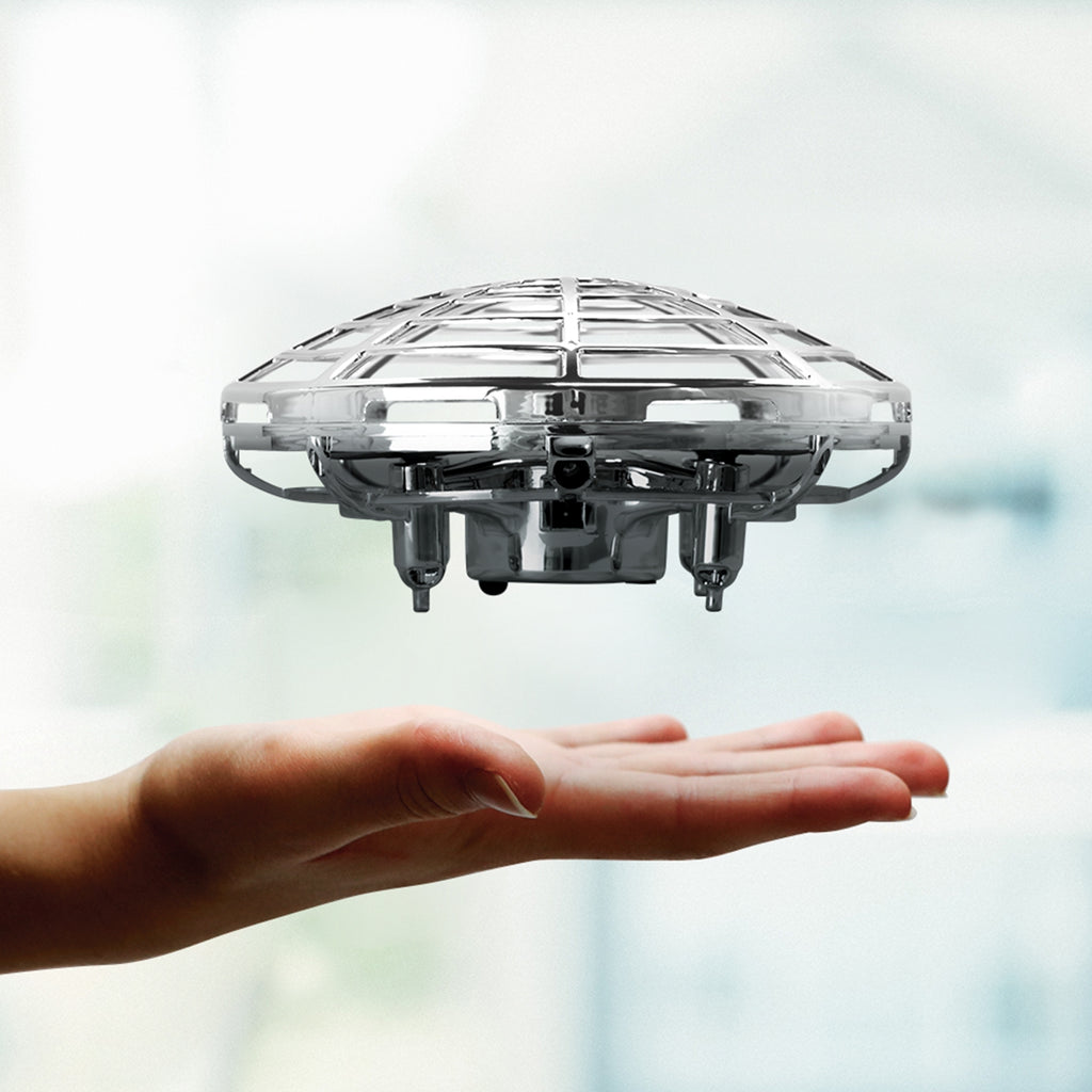 Amcrest Hand Controlled Drone for Kids, Mini Hand Operated Flying Ball Drone with 2 Speed Modes, 360° Rotating LED Lights, Interactive Infrared Induction, OB1-M Force (Metallic Silver)