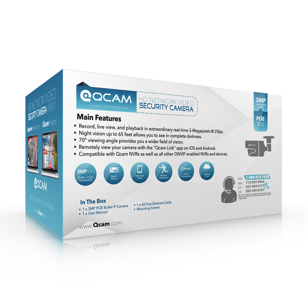 Qcam 3-Megapixel (2048 x 1536) POE Weatherproof IP67 Bullet IP Camera with Super High Resolution 2048TVL @ 25fps, Night Vision up to 65ft, 70° Viewing Angle, and More