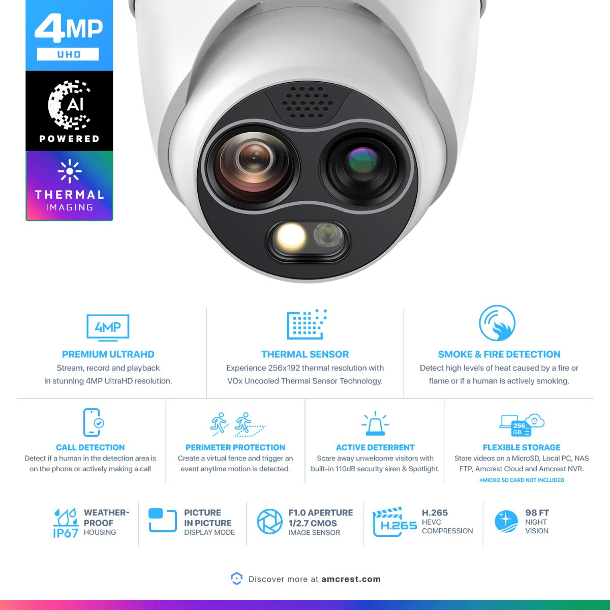 Amcrest UltraHD 4MP Hybrid Thermal Camera, AI Outdoor Security Turret PoE IP Camera, 98ft Nightvision, IVS, Fire Detection, Smoking Detection, Hot Trace, Built-in Mic, 4MP @25fps TC-1241EW-AI